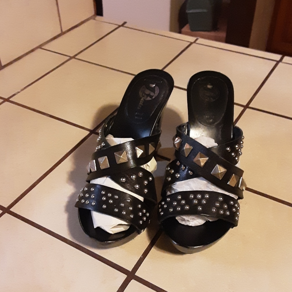 Black Leather Studded Heels